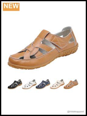Woven Leather Closed Toe Casual Sandals Hook & Loop Comfort